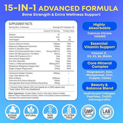 90 Count Calcium Citrate Gummies 1200 mg with Vitamin D3, K2, Magnesium & Zinc, High Absorption Calcium Supplements for Women & Men for B0ne, Muscle & Immune Support, Sugar Free, Mixed Berry Flavor