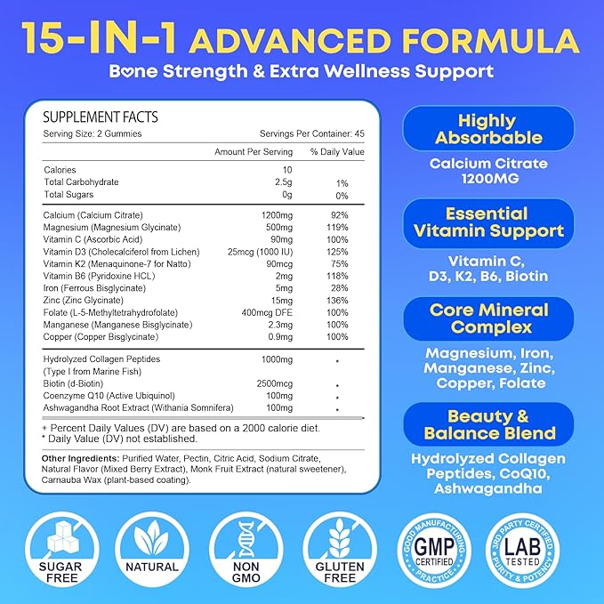 180 Count Calcium Citrate Gummies 1200 mg with Vitamin D3, K2, Magnesium & Zinc, High Absorption Calcium Supplements for Women & Men for B0ne, Muscle & Immune Support, Sugar Free, Mixed Berry Flavor