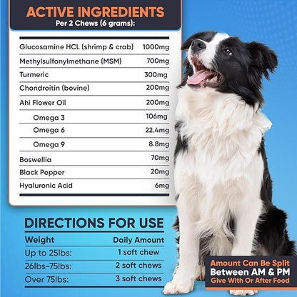Glucosamine for Dogs -1000mg- Senior Dog Joint Supplement -Advanced Hip & Joint Support Chews w/Glucosamine, Chondroitin, MSM, Turmeric & Omega 3 for Pain & Inflammation Relief, Improved Mobility