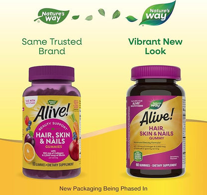 Nature's Way Alive! Hair, Skin & Nails Gummies, Advanced Beauty Formula*, with Biotin and Collagen, Strawberry Flavored, 60 Gummies (Packaging May Vary) (Pack of 2)