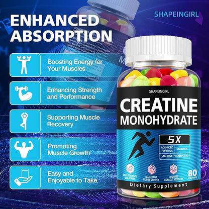 Creatine Monohydrate Gummies for Men & Women - Low Sugar Chewable Creatine Gummies - Muscle Support, Energy & Fitness Supplement, Mixed Various Fruit Flavors - 80 Count
