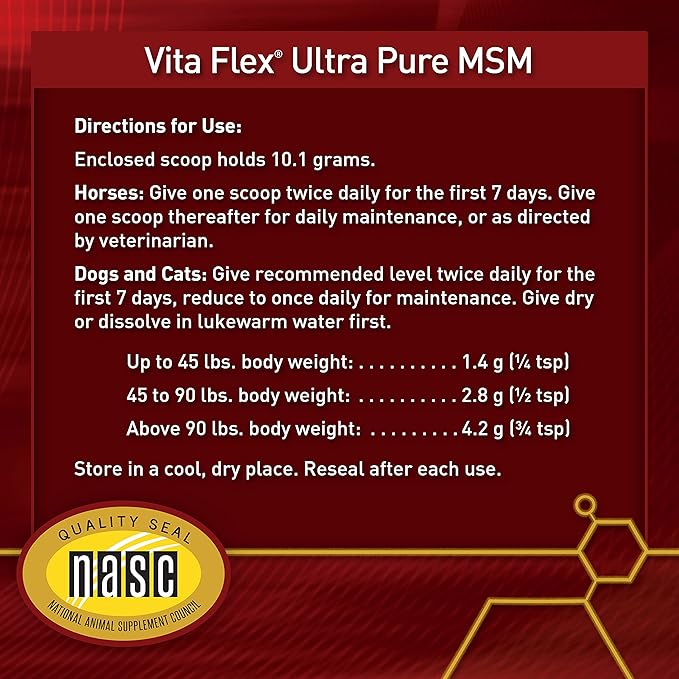 Vita Flex MSM Ultra Pure Joint Supplement for Dogs, Horses & Cats, 4 Pounds – MSM Supplement, Powder for Healthy Joints, Collagen & Mobility Support