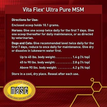 Vita Flex MSM Ultra Pure Joint Supplement for Dogs, Horses & Cats, 4 Pounds – MSM Supplement, Powder for Healthy Joints, Collagen & Mobility Support