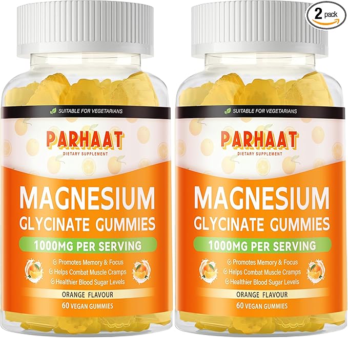 Magnesium Glycinate Gummies 1000mg - Sugar Free Magnesium Potassium Supplement with Vitamin D, B6, CoQ10 for Calm Mood & Sleep Support - 120 Orange Gummies 2 Pac
