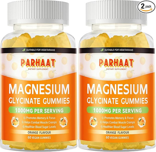 Magnesium Glycinate Gummies 1000mg - Sugar Free Magnesium Potassium Supplement with Vitamin D, B6, CoQ10 for Calm Mood & Sleep Support - 120 Orange Gummies 2 Pac