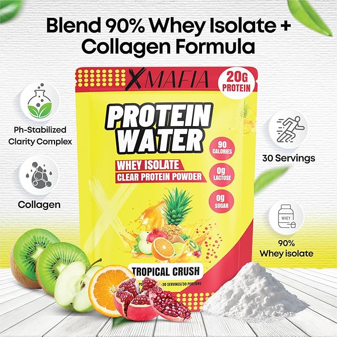 XMafia - Clear Whey Protein Isolate Powder – 20g Protein + Collagen Peptides, 30 Servings, Zero Sugar, Refreshing Light Protein Drink Water, Whey Powder Protein Shake, Lactose Free – Tropical