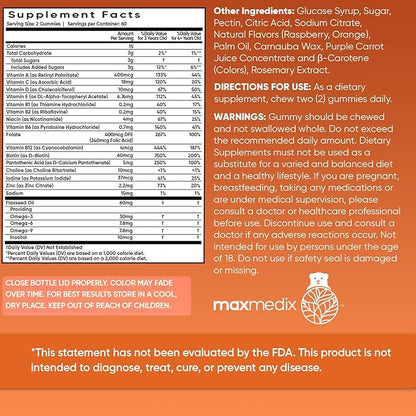 maxmedix Kids Multivitamin Gummies with Omega 3 6 9 | 20 Essential Kids Vitamins & Minerals for Healthy Immune System | 2-Month Supply | Children's Vitamins in Natural Raspberry & Orange Flavors