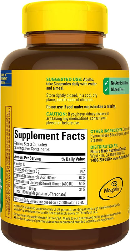 Nature Made Magnesium L-Threonate with Vitamin C & Vitamin D3, Provides 130 mg of Mag from 1800 mg Magnesium L Threonate, Cognitive Support Magnesium Supplement, 90 Capsules, 30 Day Supply