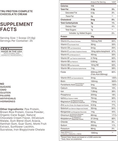 TRU Supplements Plant Based Protein Powder, BCAA, EAA, 20g Vegan Brown Rice & Pea Protein, 100 Calories, 27 Vitamins, No Artificial Flavors 25 Servings (Natural Chocolate Cream)