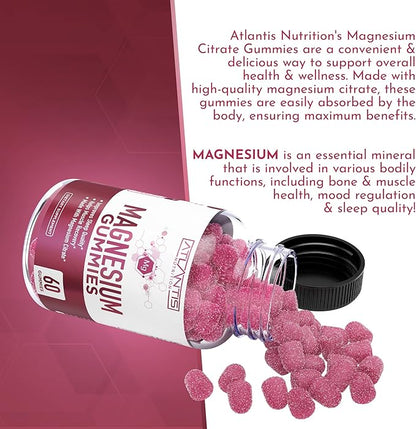 Atlantis Nutrition Magnesium Citrate Gummies – Magnesium Gummies – 90mg Magnesium (from 770mg Magnesium Citrate) | Supports Muscle Recovery, Eases Cramps, Promotes Calmness & Better Sleep | 60 Gummies