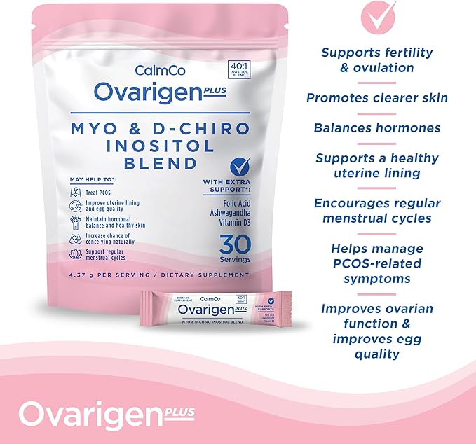 CalmCo Ovarigen Plus Myo-Inositol & D-Chiro Inositol Supplement for Women – 40:1 Powder with Folic Acid, Ashwagandha & Vitamin D3, Fertility Supplements for PCOS, Ovarian Support (30 Sachets)