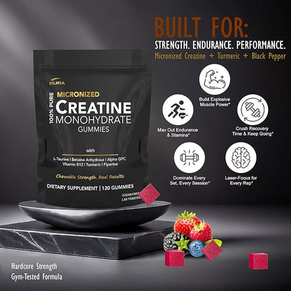 Creatine Monohydrate Gummies for Men & Women - Sugar Free & Vegan Advanced Formula W/L-Taurine + Vitamin B12 - for Muscle Strength, Muscles Builder, Recovery (120 Count (Pack of 1), Mixed Berry)