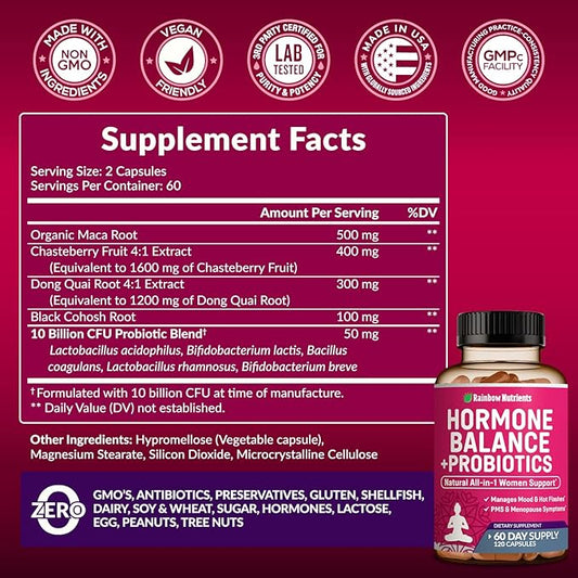 Hormone Balance + Probiotics for Women- Natural Menopause Relief, Weight Management, Bloating, Hot Flashes, PMS | Organic Maca, Chasteberry, Dong Quai & Black Cohosh | Non GMO |120 V Capsules