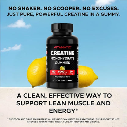 Vitamatic Creatine Gummies 5000mg per Serving Natural Lemon Flavor – 150 Gummies – Creatine Monohydrate for Muscle Strength, Energy & Recovery – Non-GMO, Gluten-Free