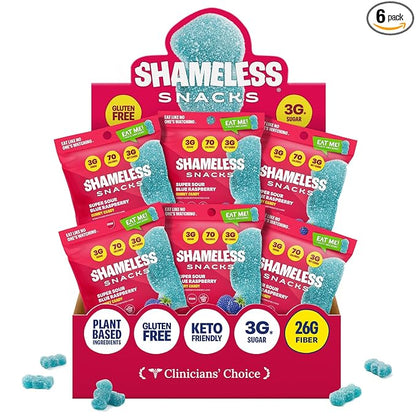 Shameless Snacks - Healthy Low Calorie Snacks, Low Carb Keto Gummies (Gluten Free Candy) - 6 Pack Sour Blue Raspberry