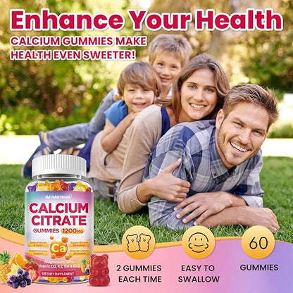 Calcium Citrate Gummies - 1200mg Calcium Gummies Supplements for Women & Men with Vitamin D3, K2, Magnesium, Zinc High Absorption for Bone, Muscle & Immune Support, Fruit Flavor, 60 Count