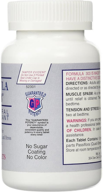 Dee Cee Labs Formula 303 Maximum Strength All-Natural Relaxant Tablets, 250 Tablets; All-Natural Relaxant containing Magnesium for Sore Muscles, Passion Flower, and Valerian Root