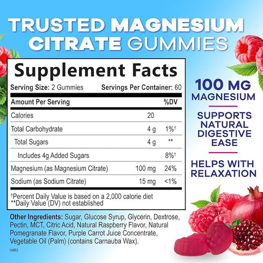 Magnesium Citrate Gummies for Adults & Kids - High Absorption Magnesium Supplements - Premium Calm, Relaxation, Muscle, Nerve, Bone & Heart Support - Great-Tasting Vegan Gummy Supplement - 120 Gummies