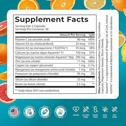 PUREHEALTH RESEARCH Bone Health Formula - for Bones, Joint & Skeletal Wellness - with Calcium, Magnesium, Zinc, Copper, Manganese, Potassium, Vitamin K2, D3, C & More for Women & Men - 150 Capsules
