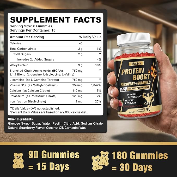 Whey Protein Gummies, 9g Protein per Serving, Easy to Take Snacks for Men & Women, Recovery + Supplement Gummies for Protein Boost, Muscle, Energy Support, Strawberry Flavor, 90 Gummies