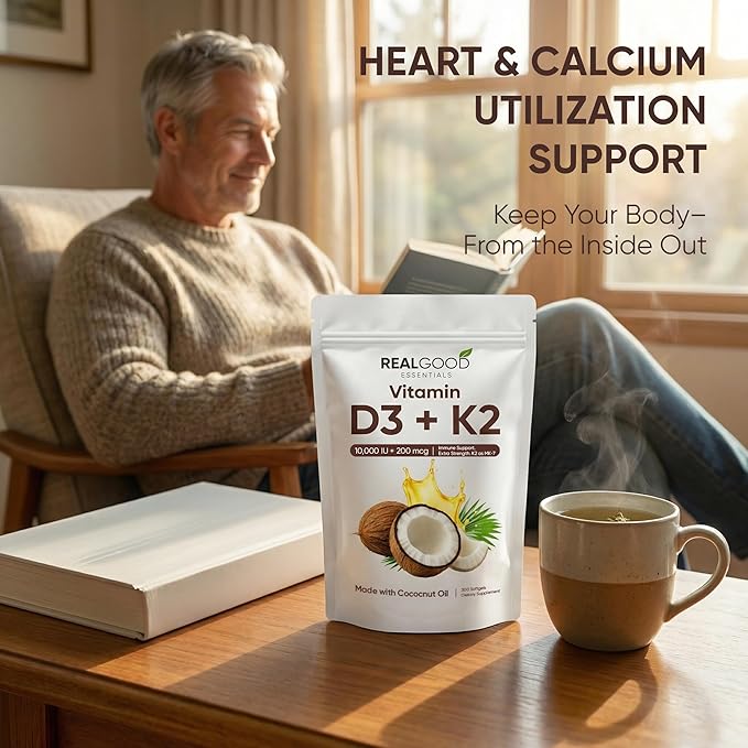 Real Good Essentials Vitamin D3K2 – 300 Softgels,High Absorption Softgels for Bone, Heart & Immune Support – Virgin Coconut Oil, Easy to Swallow