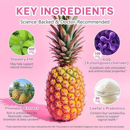 Feminine Probiotic Gummies with Slippery Elm, Pineapple Probiotics Gummies for Women PH Balance, Gut & Immune Support, Yeast Balance, Prebiotics & Lactobacillus Blend | Vegan & Sugar-Free, 60 Gummies