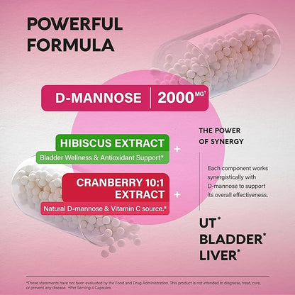 D-Mannose 2000mg with Cranberry & Hibiscus - Clinically Tested Strength for Urinary Tract Health - Supplement for Women - Bladder, Liver & Microflora Support - Made in USA - Vegan, 240 Capsules