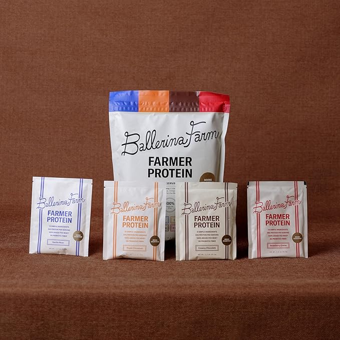 Ballerina Farm Grass Fed Whey Protein Powder, 4 Flavor Variety Pack, 24g Protein with Collagen Peptides, Bovine Colostrum, Hemp Hearts & Prebiotic Fiber, No Artificial Ingredients, 12 Servings