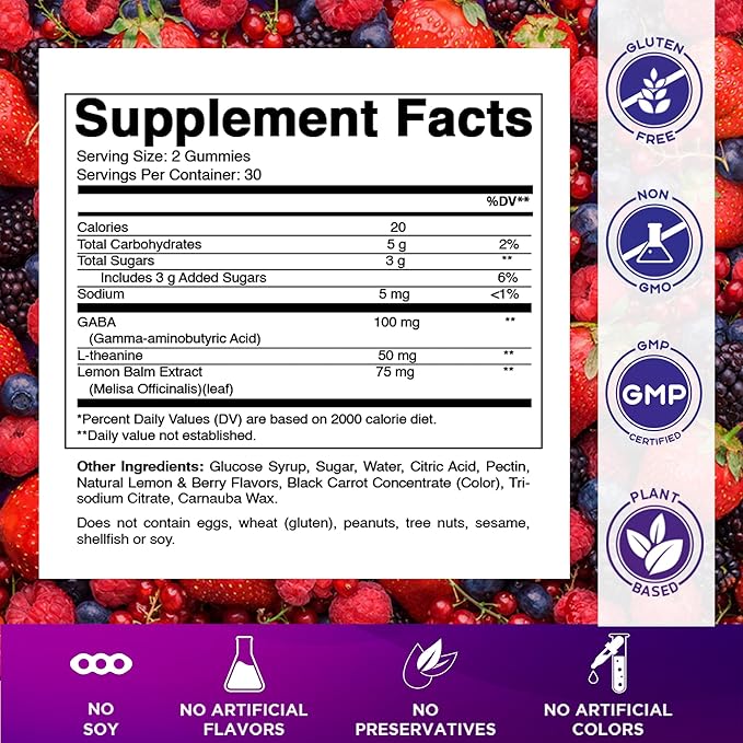 Vitamatic Stress Relief Gummies with GABA, L-Theanine, Lemon Balm – Lemon & Mixed Berry Flavor – 60 Gummies – Vegan, Non-GMO, Gluten-Free