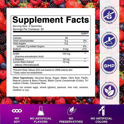 Vitamatic Stress Relief Gummies with GABA, L-Theanine, Lemon Balm – Lemon & Mixed Berry Flavor – 60 Gummies – Vegan, Non-GMO, Gluten-Free