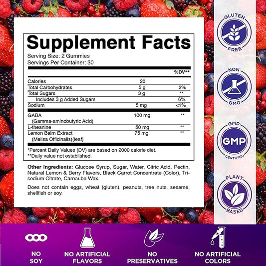 Vitamatic Stress Relief Gummies with GABA, L-Theanine, Lemon Balm – Lemon & Mixed Berry Flavor – 60 Gummies – Vegan, Non-GMO, Gluten-Free