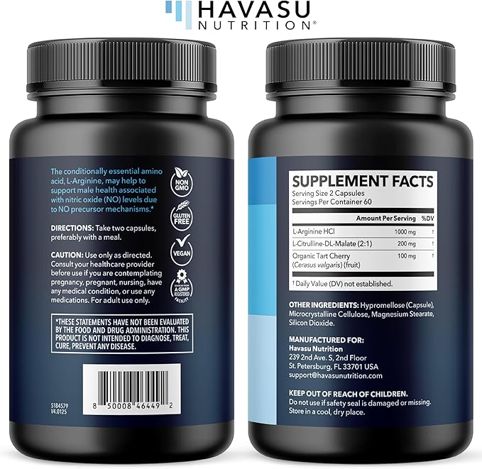 L-Arginine Capsules with L-Citrulline - Nitric Oxide Supplement - L Arginine and L Citrulline Blend - 120 Count - Vegan, Non-GMO Capsules for Performance, Endurance and Muscle Support - 2 Month Supply