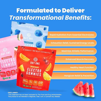 Day One Electrogummies Variety Pack - Fruit Punch, Blue Raspberry & Watermelon Electrolyte Gummies for Runner, Athlete - Hydration Gummies with Electrolytes - Alternative to Powders, Tablets 180 Count