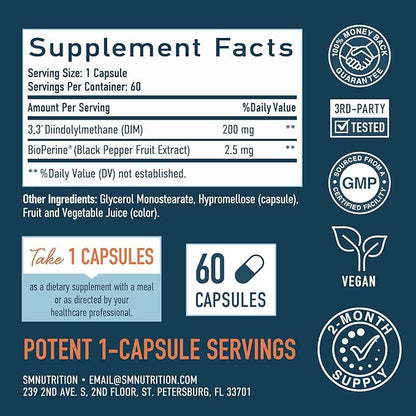 DIM Supplement 200 mg for Hormone Balance | Delayed-Release Microbeadlets | Estrogen Balance for Women & Men, Hormonal Acne Supplements, Menopause & Antioxidant Support | Vegan, Soy Free | 60 Ct.