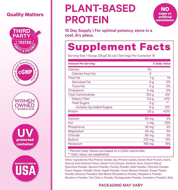 Pink Stork Protein Powder for Women, 20g Plant Based Protein Powder with Fiber + Superfoods, Gluten Free, Dairy Free, Sugar Free, Pregnancy Friendly, Vanilla Protein Shake - 15 Scoops