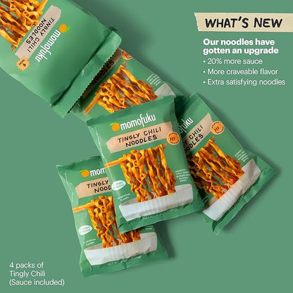 Momofuku Tingly Chili Noodles Ramen Noodles by David Chang, 4 Pack of Restaurant Quality Air-Dried Instant Noodles Now with More Sauce & 11g of Protein