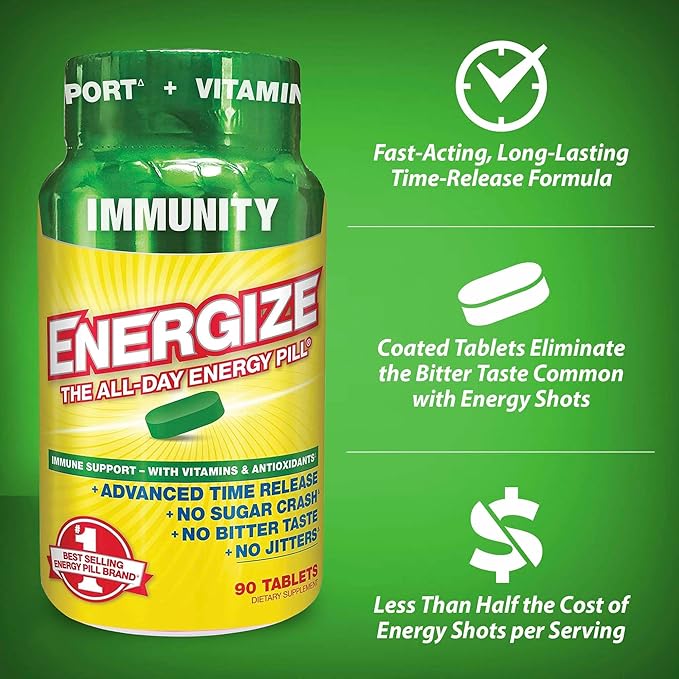 iSatori Energize Immunity Caffeine Pills - Keto Friendly Vitamin A, B12, C, D, & E Supplement + Fast Acting Energy Pill - Daily Immune Support, Super Greens, All Day Energy, No Jitters - 90 Tablets