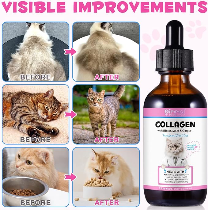 Collagen for Cats, Liquid Collagen for Cat, Liquid Skin and Coat Itch Relief for Cat with Biotin, Collage Supplement for Cats Salmon Flavor-120ml