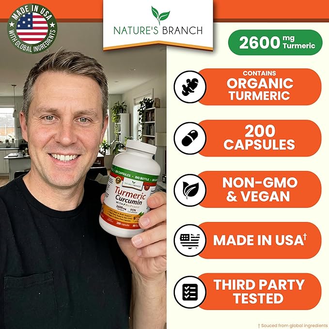 Turmeric Curcumin Supplement 2600mg | Organic Turmeric Powder - 95% Curcuminoids, 200 Capsules - Extra Strength for Joint Support with Black Pepper - High Absorption, BioPerine Extract, Vegan Pills