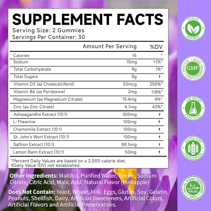 Saffron Gummies for Adult Kids, 10-IN-1 Cortisol Support Supplement with Saffron 88.5mg, Vitamin D3, B6, Magnesium, Zinc, Ashwagandha, L-Theanine, St. John's Wort, For Emotions, Slumber, 60 Count