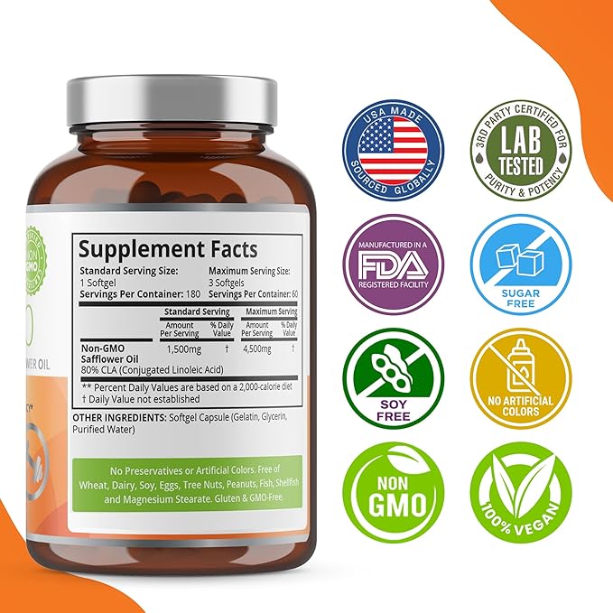 Purity Labs CLA Supplements 4500MG - Non-GMO Safflower Oil - Supports Energy, Weight Loss, Heart Health, and Muscle Health - 180 Soft gels