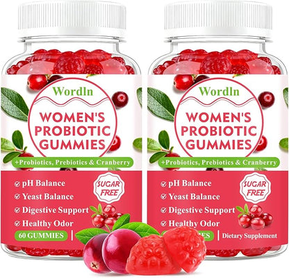 Women Probiotic Gummies for Feminine Health, Supports pH Balance, Vaginal Health, Odor Control & Yeast Balance, Digestive & Immune Support, Sugar Free Cranberry Flavor, 60 Count (Pack of 2)