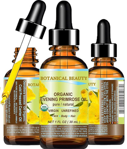 Botanical Beauty Organic EVENING PRIMROSE OIL 100% Pure Natural Undiluted Unrefined Virgin Cold Pressed Carrier Oil for face, skin, hair, nails (1 Fl Oz 30 ml)