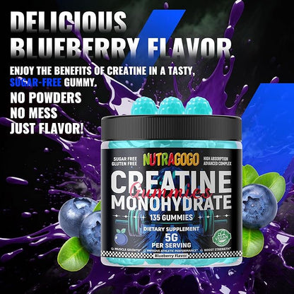 NSF Certified Creatine Gummy - Creatine Monohydrate Gummies for Men & Women-5g of Creatine Monohydrate per Serving - Sugar Free,Vegan, Blueberry Electrolyte Chews, 135 Count
