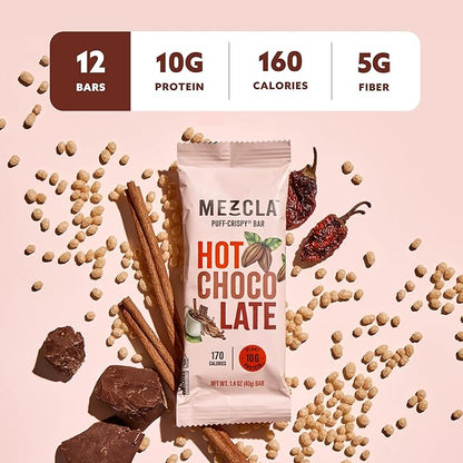 Mezcla Puff-Crispy Plant Based Protein Bars - Hot Chocolate - Healthy Snacks for Kids & Adults - Granola Bars for School, Travel, & Office Snacks - Gluten Free, Vegan, Non GMO, 10g Protein - 12 Count