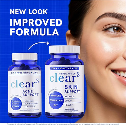 Clear Skin Supplement with Zinc, DIM & Probiotics | 3-in-1 Balance, Glow & Health Skin Support | Triple Action Hyaluronic Acid, Niaciminide & Vitamins for Hormone, Complexion & Gut Support | 180 Ct