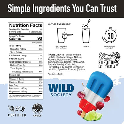 WILD SOCIETY - Clear Protein Powder + Electrolytes - 20g Clear Whey Protein Isolate Drink - Zero Sugar - 0g Lactose - Natural Flavors & Colors - Muscle Post Workout Recovery - Rocket Pop, 16 oz