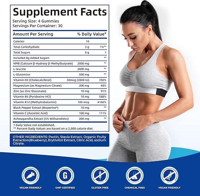 BAKAKOUL HMB and L-Leucine Gummies, HMB and Leucine Supplement Supports Muscle Fast Workout Support, HMB and Leucine Amino Acid for Men & Women, Sugar Free, Non-GMO, 120 Counts