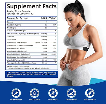 BAKAKOUL HMB and L-Leucine Gummies, HMB and Leucine Supplement Supports Muscle Fast Workout Support, HMB and Leucine Amino Acid for Men & Women, Sugar Free, Non-GMO, 120 Counts