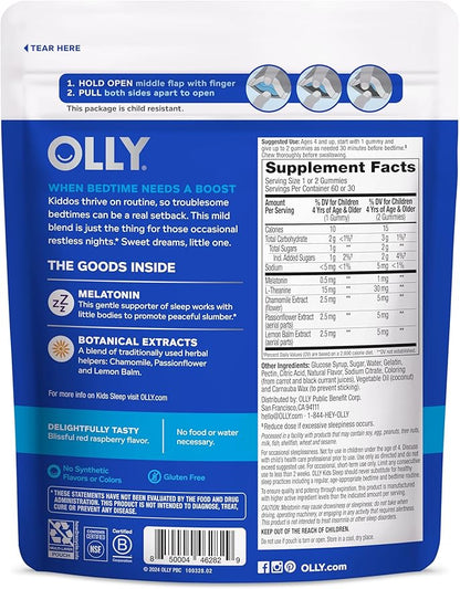 OLLY Kids Sleep Gummy, 0.5mg Melatonin, L Theanine, Chamomile, and Lemon Balm, Childrens Chewable Supplement, Occasional Sleep Support, Raspberry - 60 Count